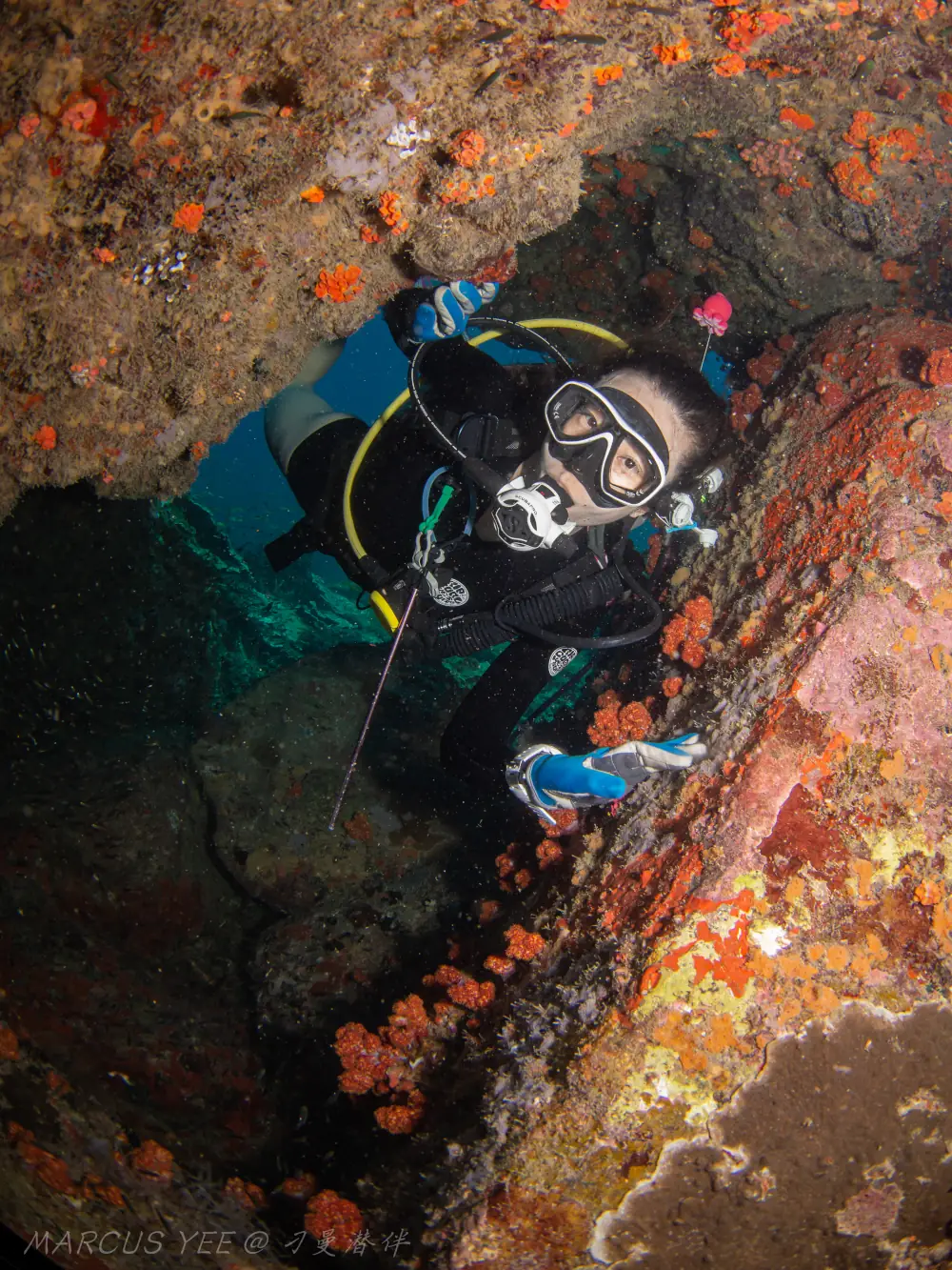 Scuba diver exploring coral swim-through at Jahat Island, Tioman